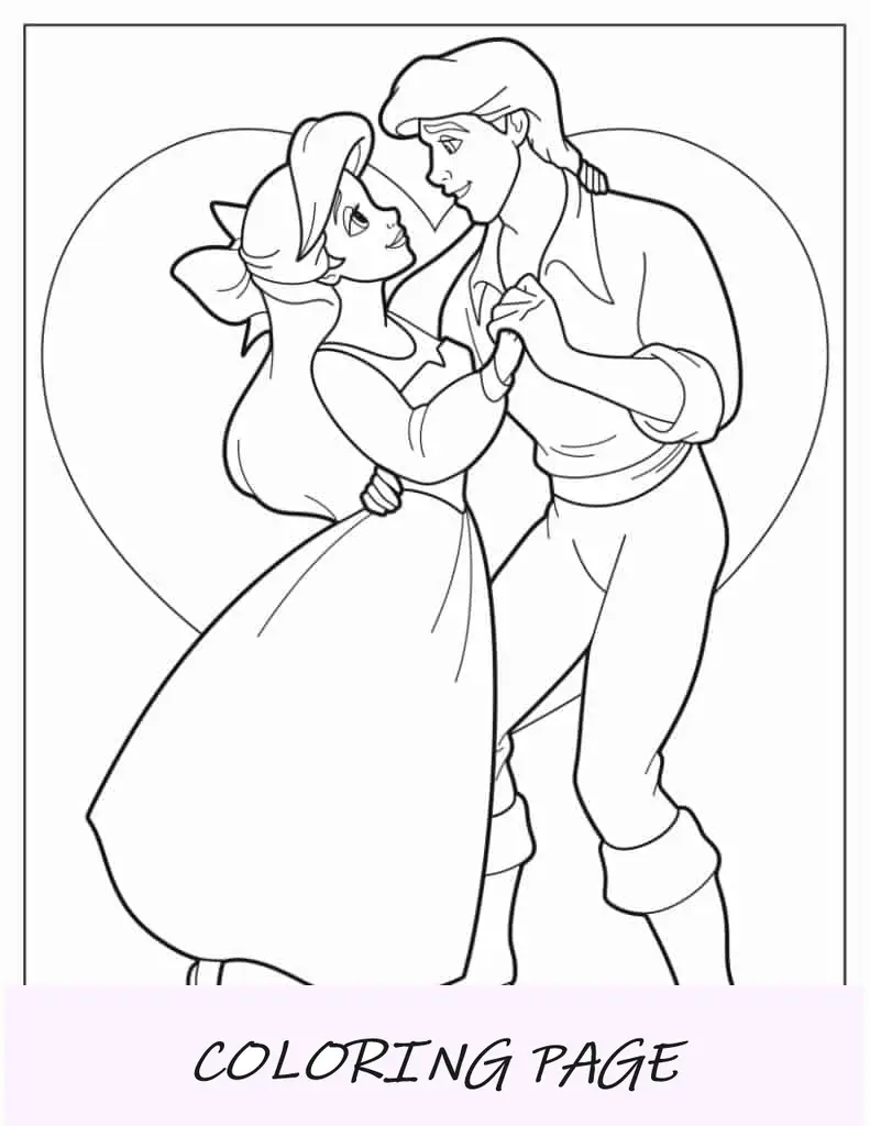 Folha para colorir de Ariel e Príncipe Eric apaixonado
