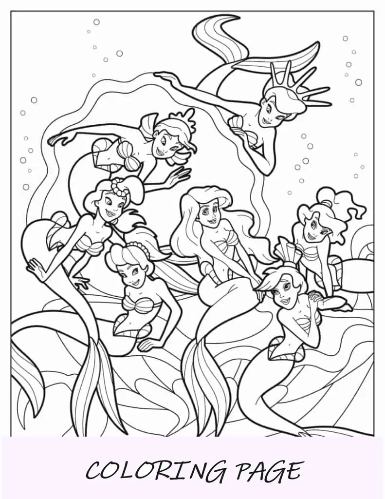 Página para colorir de Ariel com suas seis irmãs