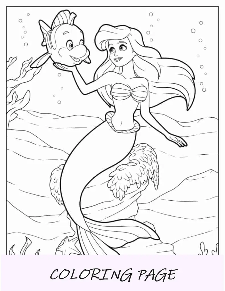 Página para colorir de Ariel no fundo do mar com linguados