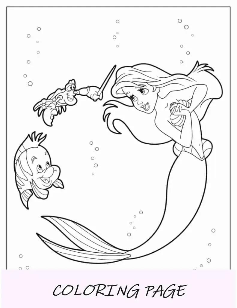 Folha para colorir de Ariel com Sebastian e linguados