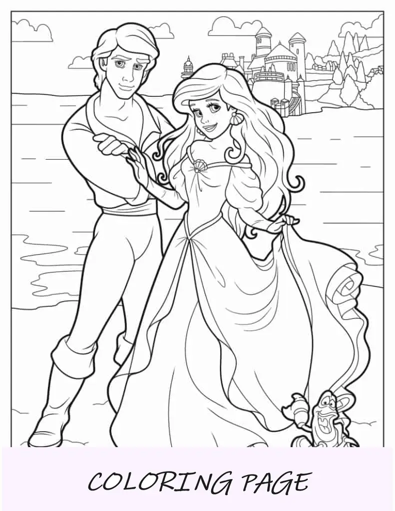 Folha para Colorir Ariel e Príncipe Eric em Terra