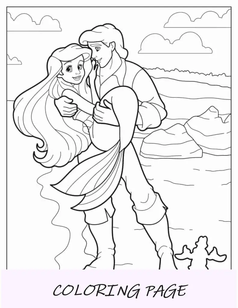 Página para colorir do príncipe Eric carregando a sereia Ariel