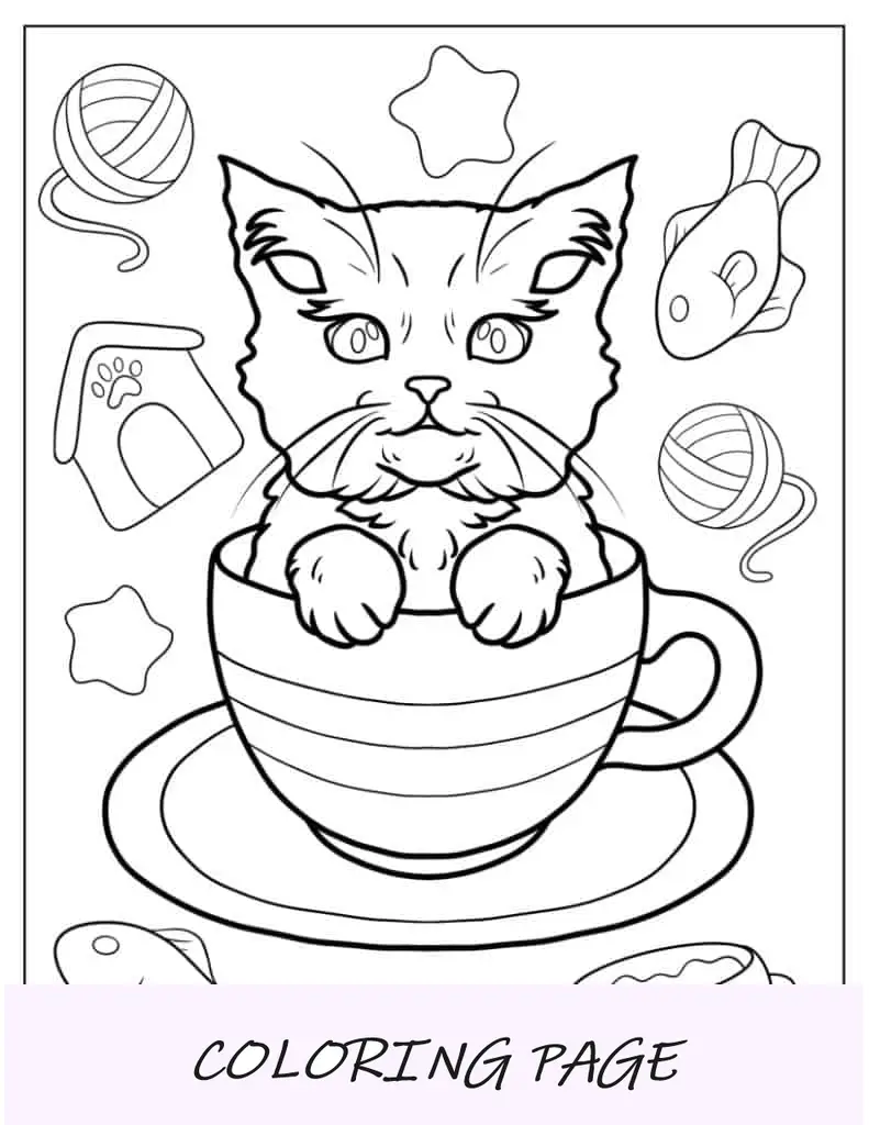 Página para colorir de gato realista dentro de uma xícara de chá