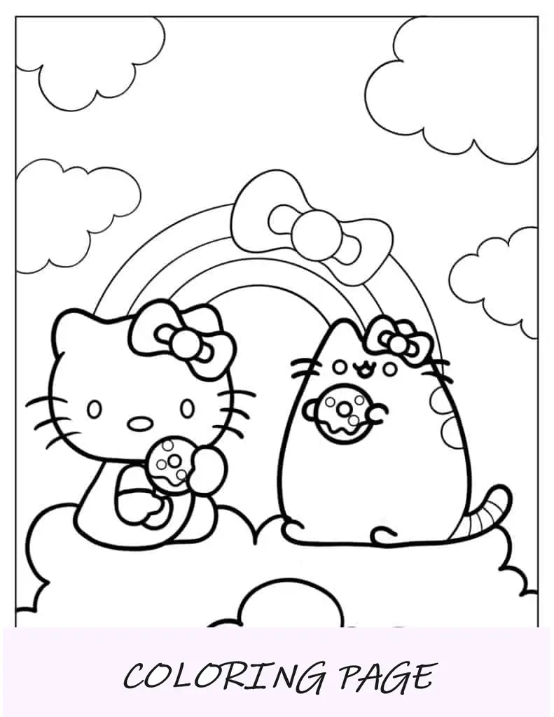 Hello Kitty e Pusheen comendo donut nas nuvens
