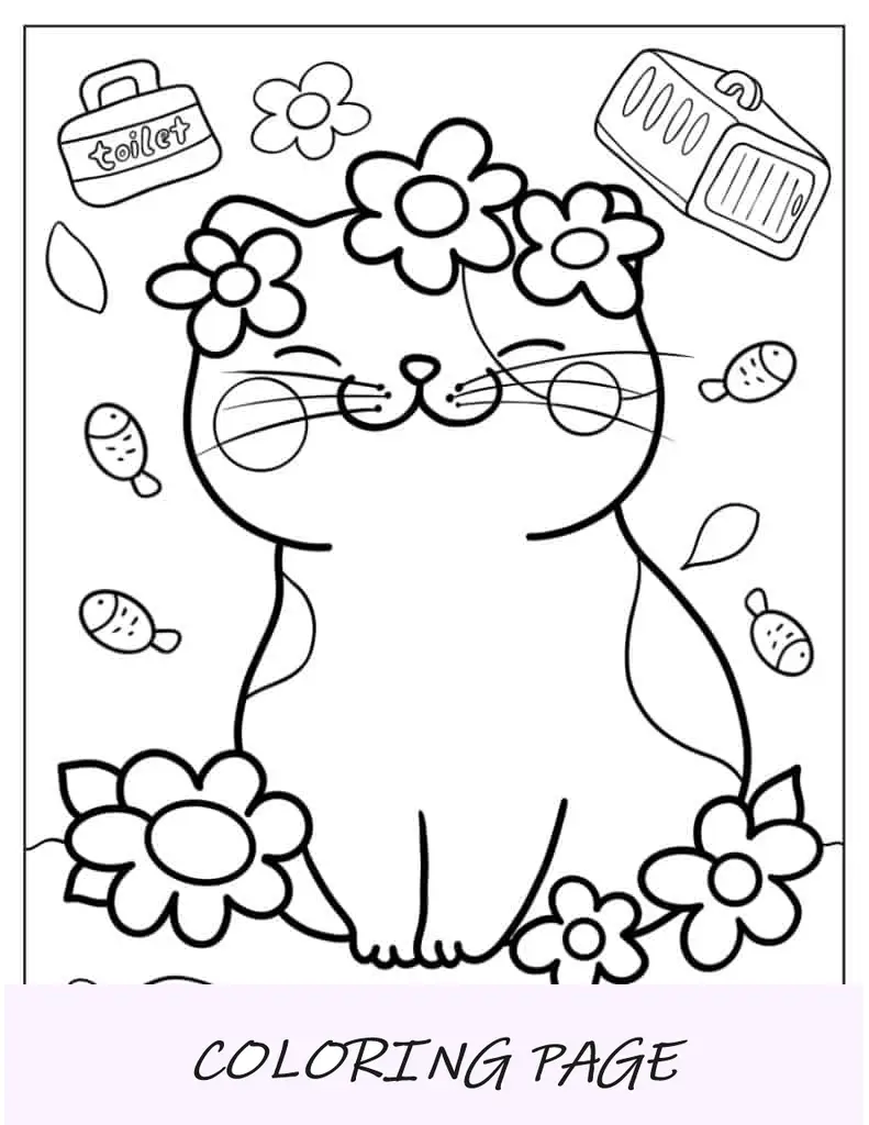 Gato de desenho animado com flores para colorir para crianças em idade pré-escolar