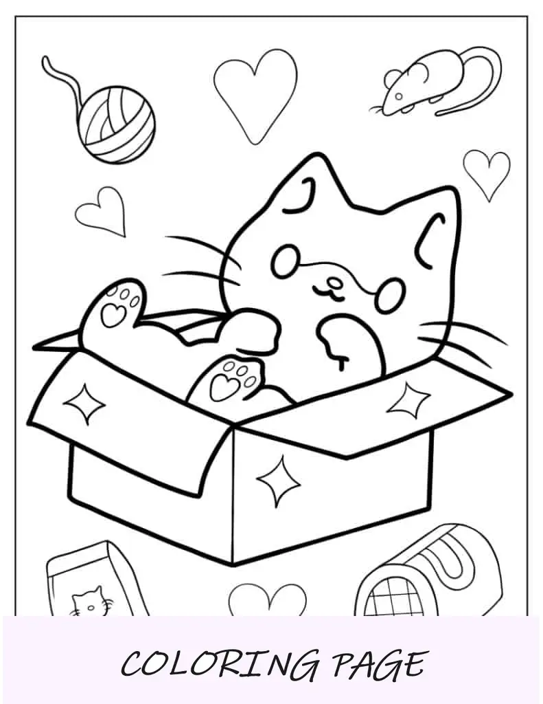 Gato Kawaii na caixa para colorir