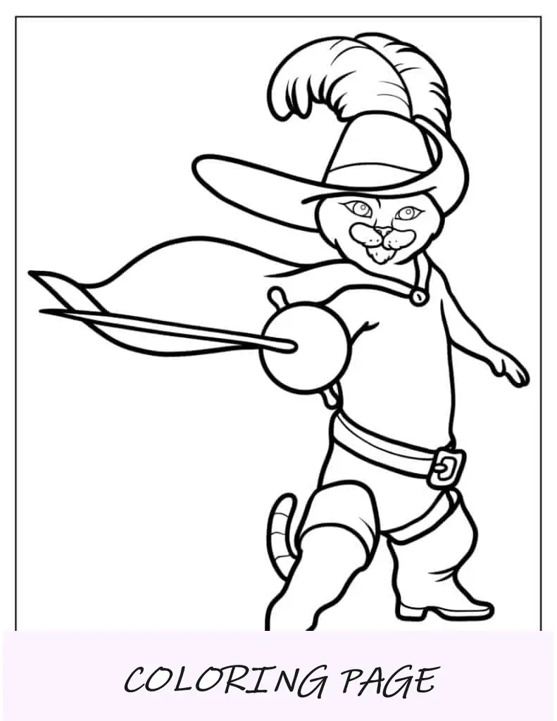 Folha para colorir do Gato de Botas para crianças em idade pré-escolar