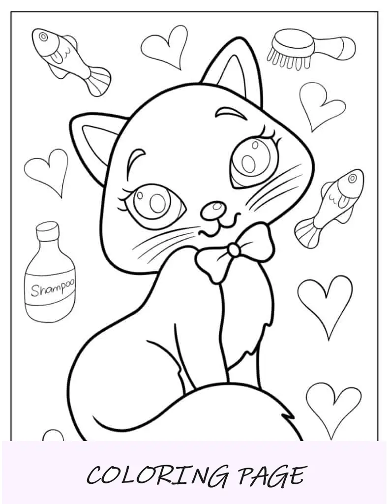 Página para colorir de adorável gato de desenho animado com arco