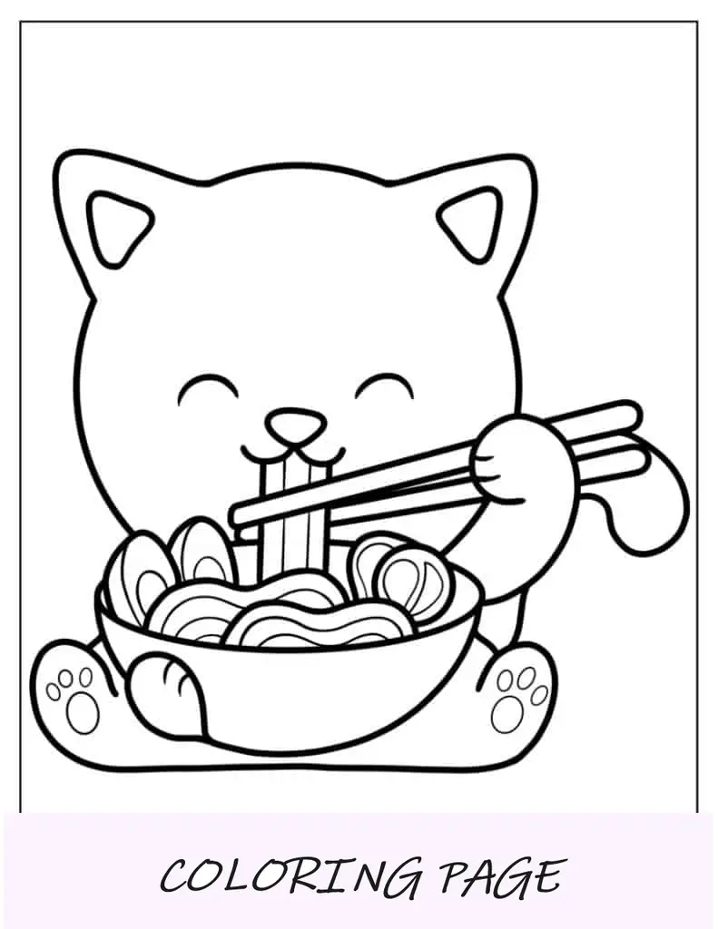 Página para colorir de gato comendo ramen para crianças