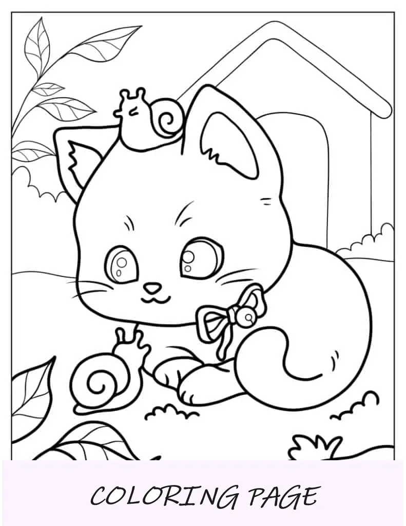 Folha para colorir de gatinho brincando com caracóis