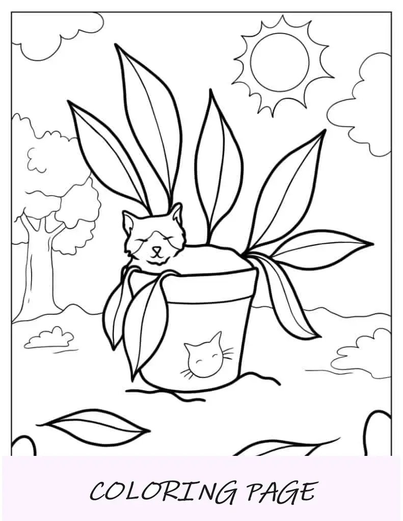 Página para colorir de gato dormindo dentro de um vaso de flores