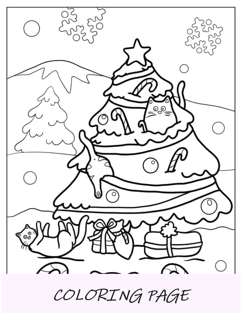 Folha para colorir de gatos brincando com árvore de Natal