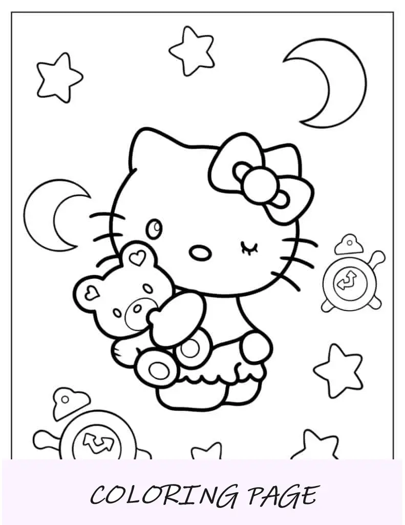Página para colorir da Hello Kitty abraçando o ursinho de pelúcia