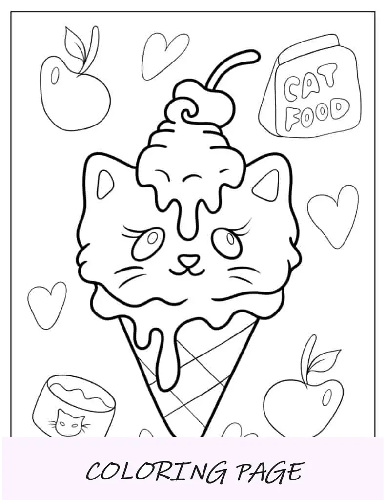 Folha para colorir Kawaii de gato sorvete
