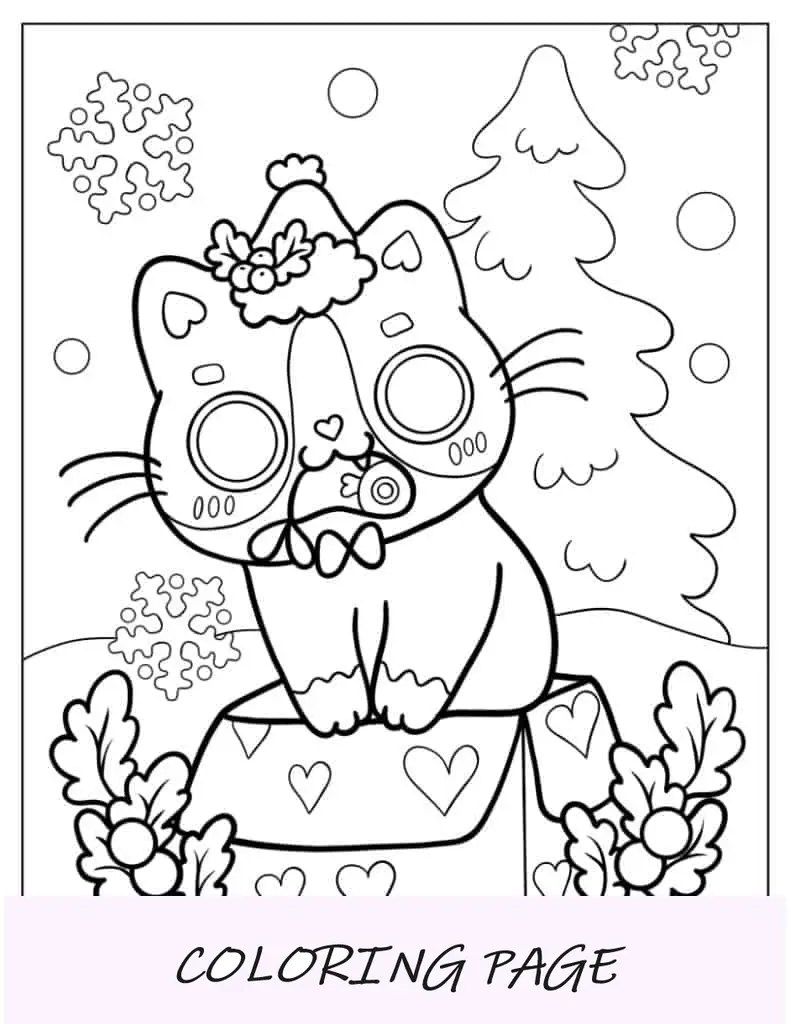 Desenho de gato comendo peixe no dia de Natal para colorir
