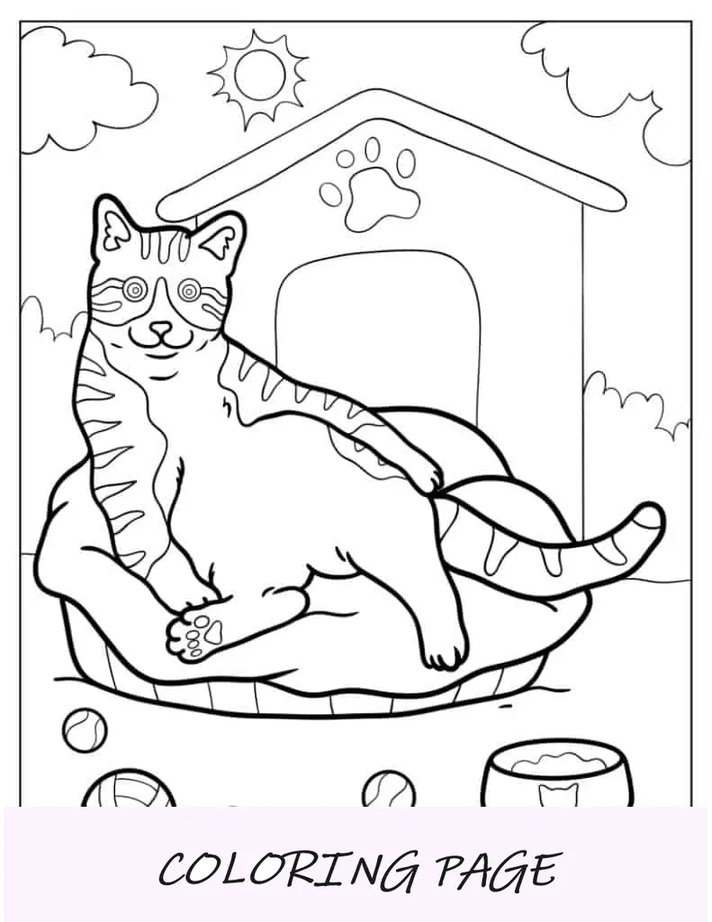 Folha para Colorir Gato Deitado na Cama