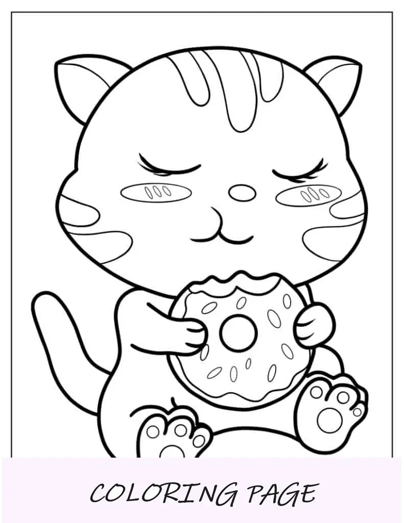 Folha para colorir de gato fofo comendo rosquinha