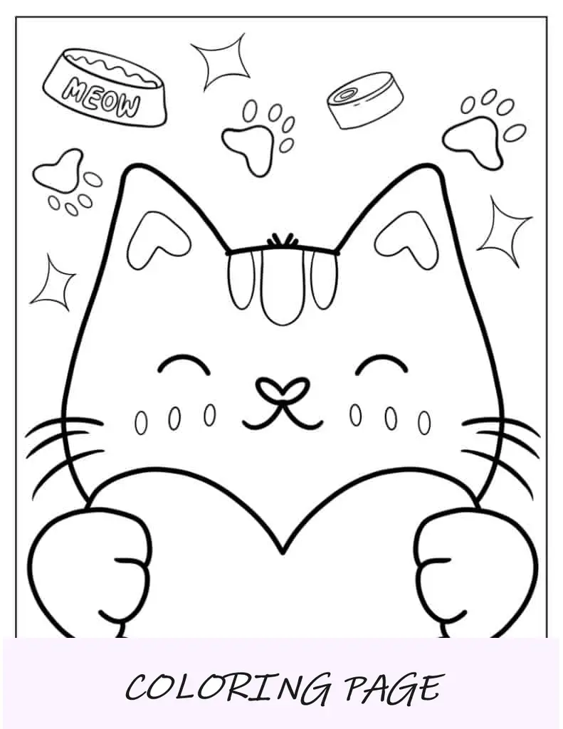 Gato abraçando coração para colorir