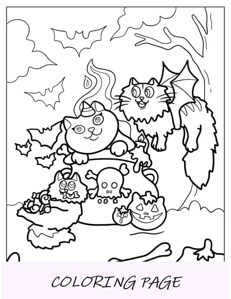 Desenhos para colorir de Halloween de gatos com morcegos