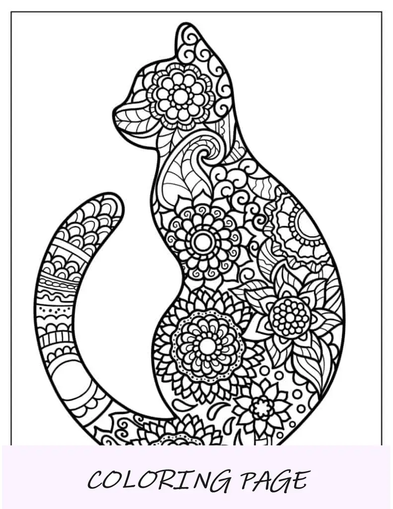 Página para colorir de mandala floral em formato de gato