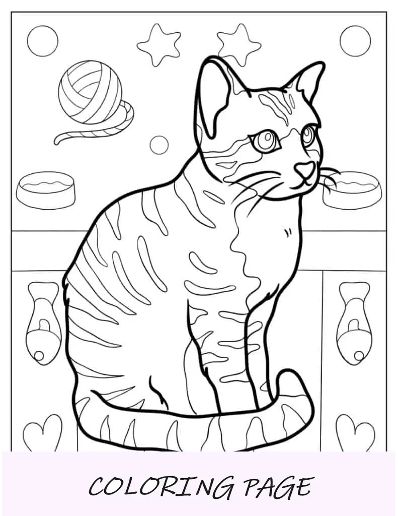 Folha para colorir de gato lindo listrado sentado
