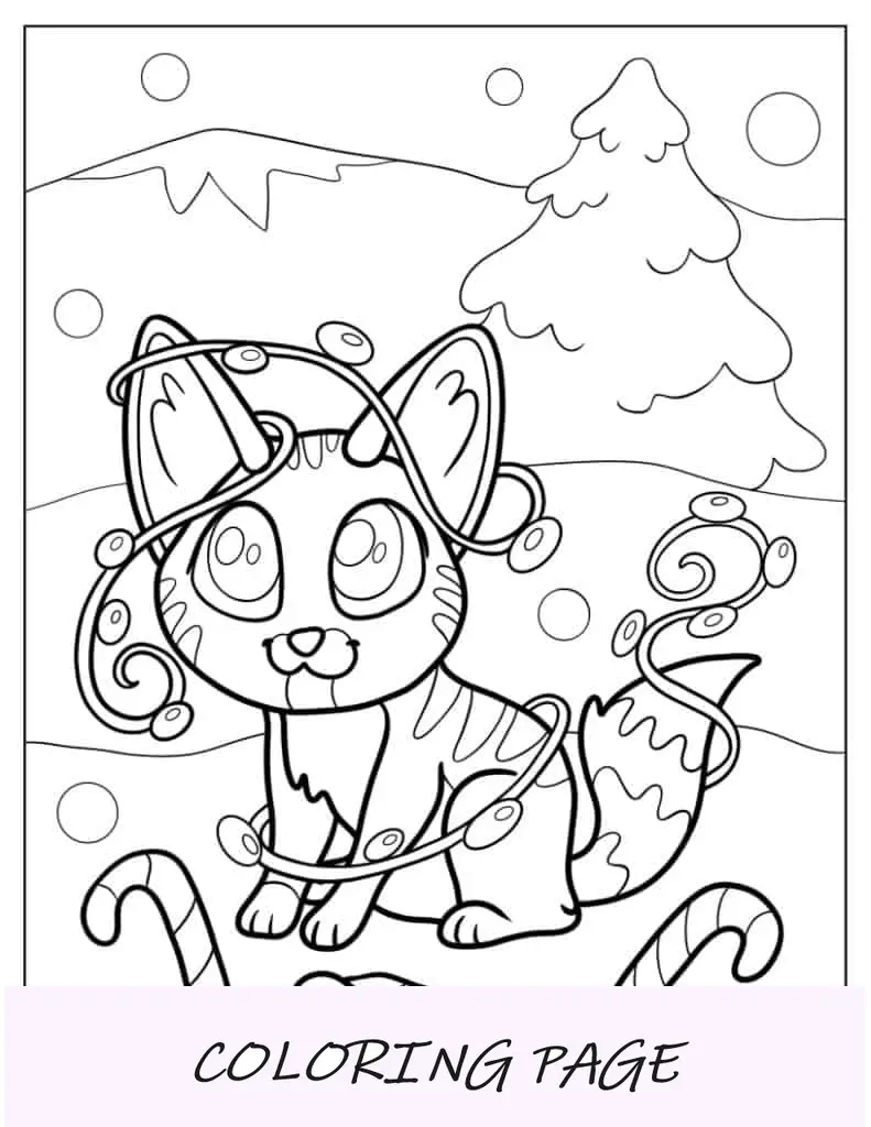 Desenho de gatinho embrulhado em luzes de Natal para colorir