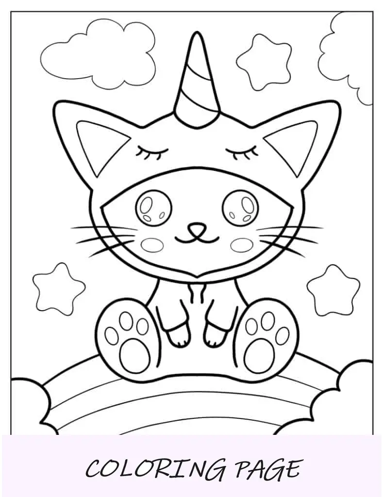 Desenho De Gatinho Com Fantasia De Unicórnio Sentado No Arco-Íris