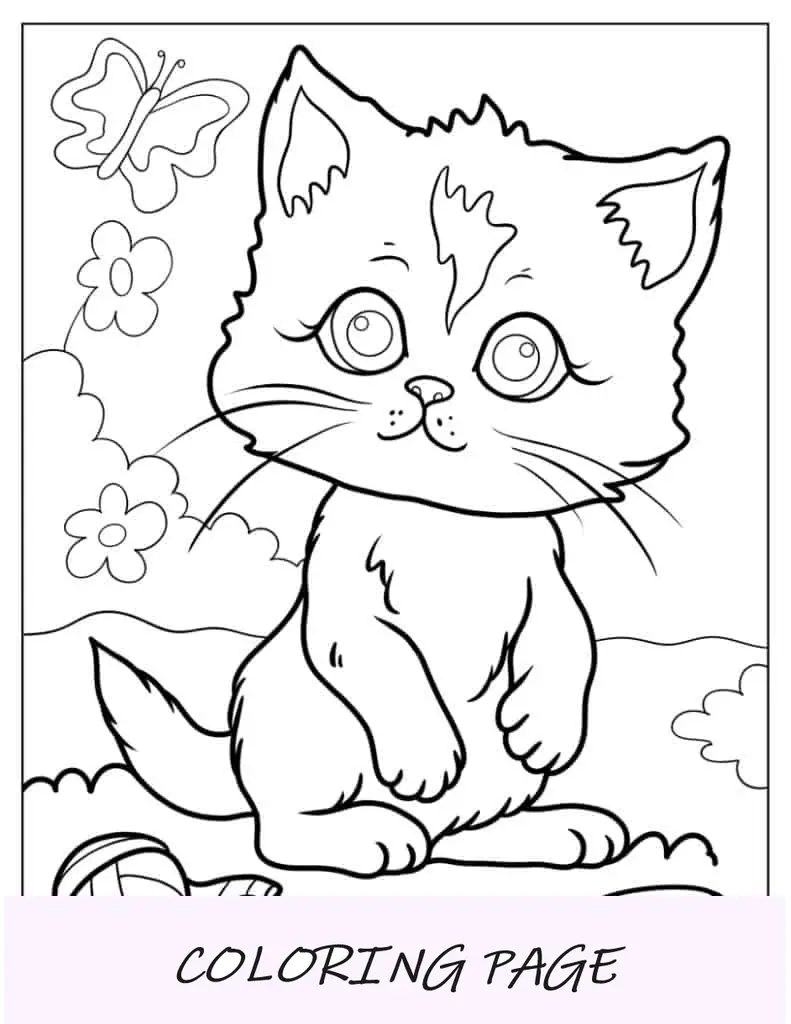 Folha para colorir de gato Kawaii para crianças