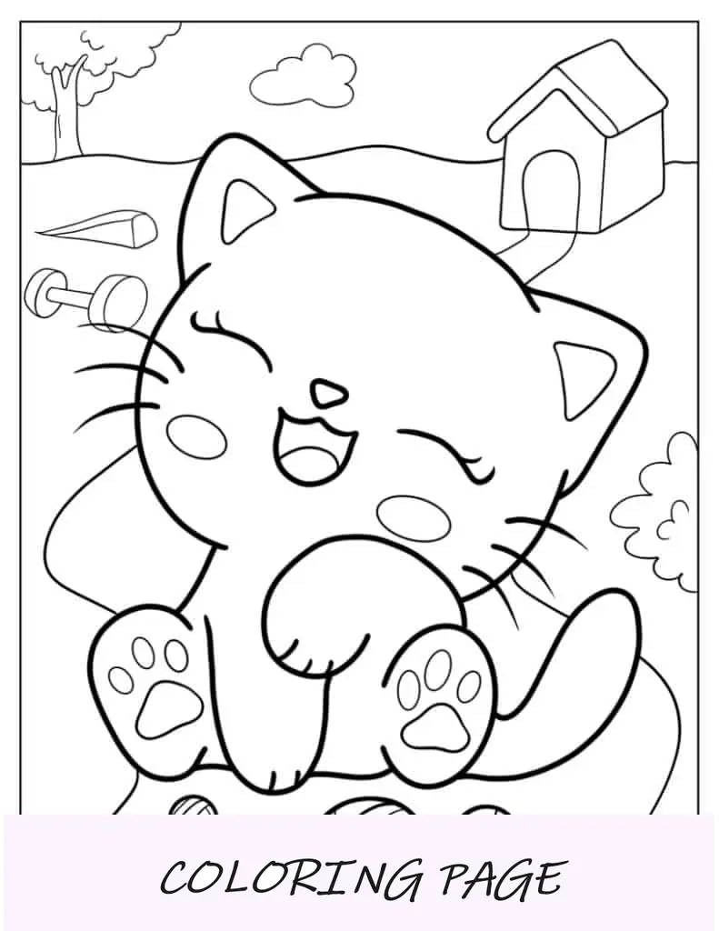 Folha para colorir de gatinho de desenho animado Kawaii para crianças em idade pré-escolar