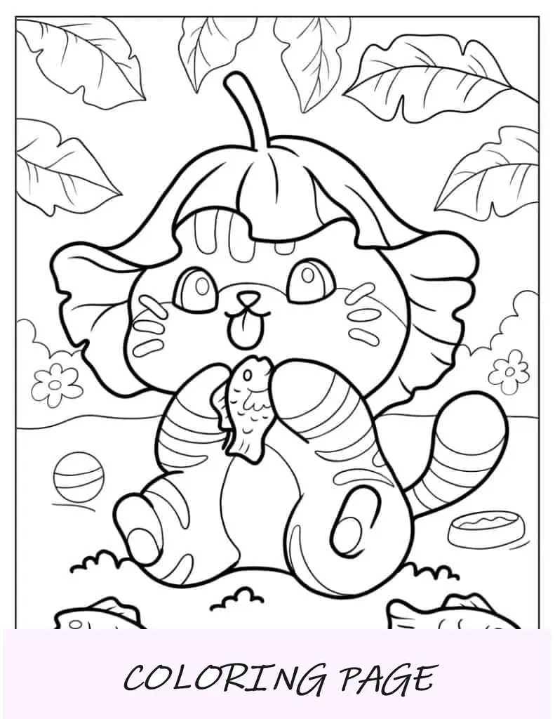 Página para colorir de gatinho comendo biscoitos de peixe