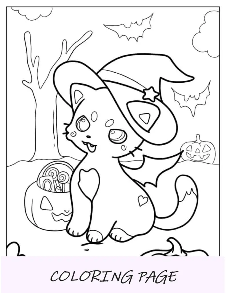 Folha para Colorir Gatinho Usando Chapéu de Bruxa no Halloween