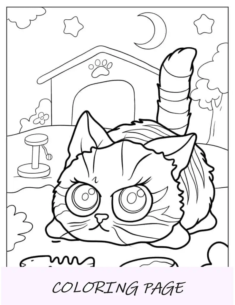 Folha para colorir gatinho Chibi no quintal