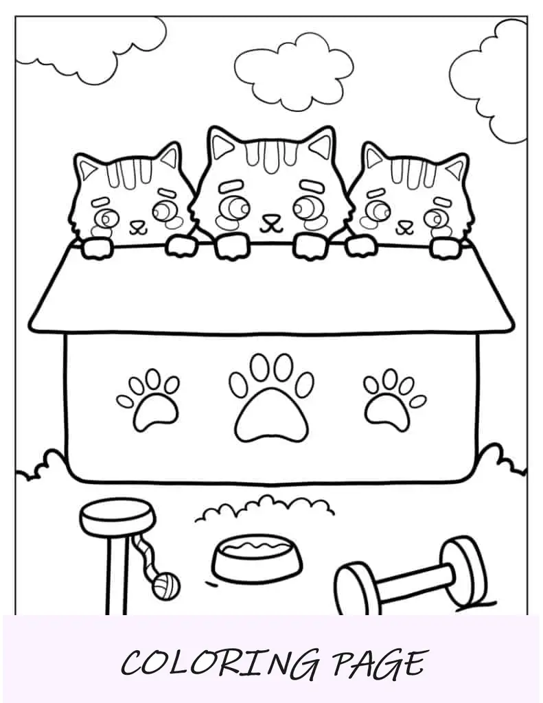 Três gatinhos de desenho animado no telhado da casa de animais de estimação