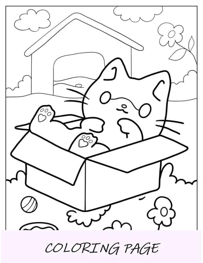 Página para colorir de gatinho preso na caixa para crianças em idade pré-escolar