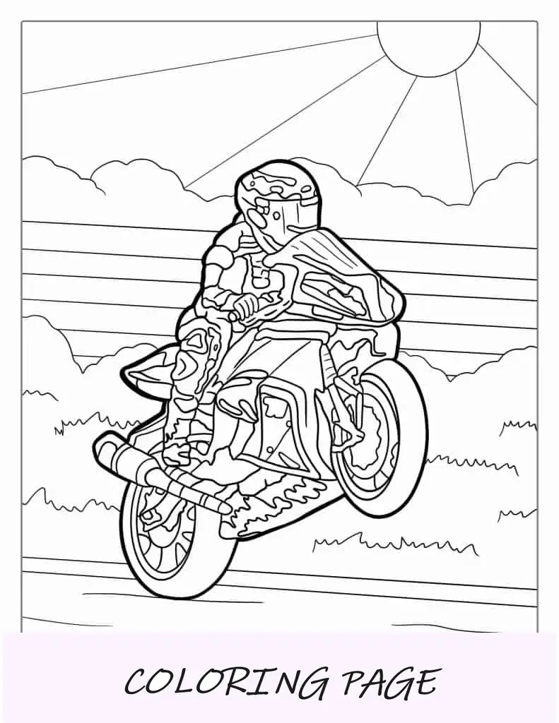 Hoja para colorear de motocicleta haciendo un caballito