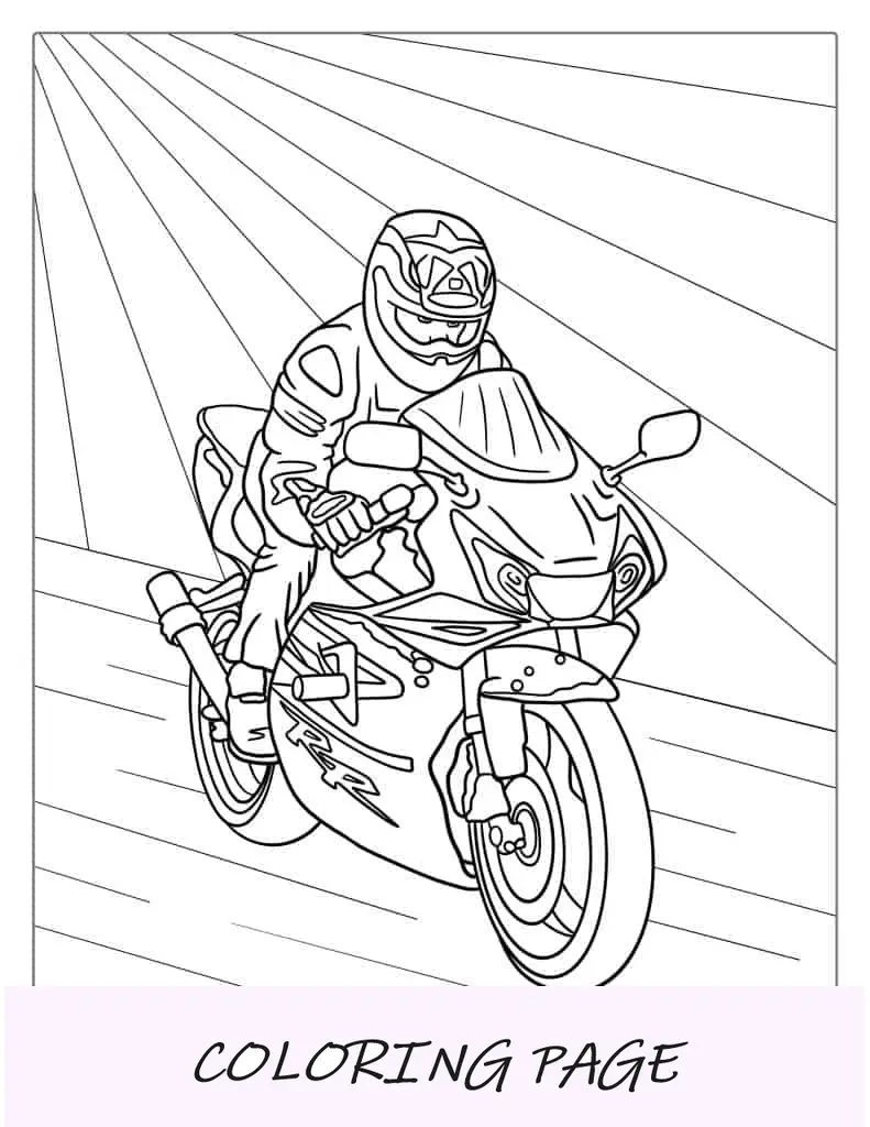Página para colorear de piloto de motos