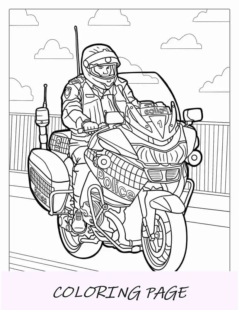 Página para colorear de motocicleta de policía para niños
