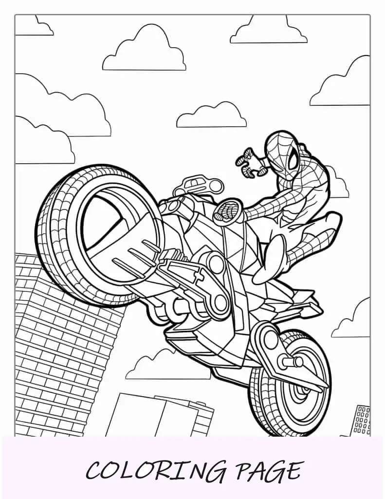 Página para colorear de motocicleta de Spider-Man