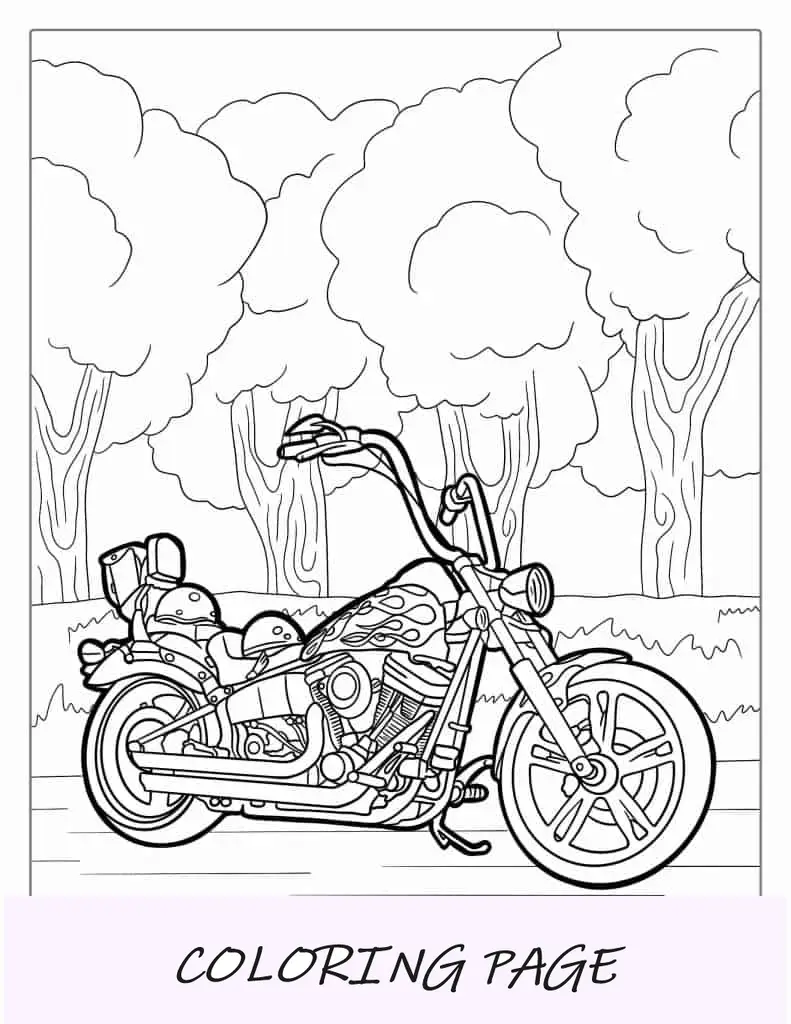 Hoja para colorear de motocicleta Harley Davidson con llamas