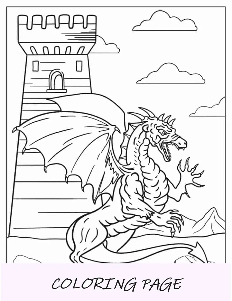 Folha para colorir de dragão ao lado do castelo para crianças em idade pré-escolar