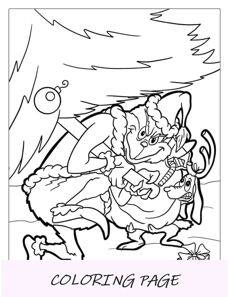 Folha para colorir de O Grinch roubando a árvore de Natal