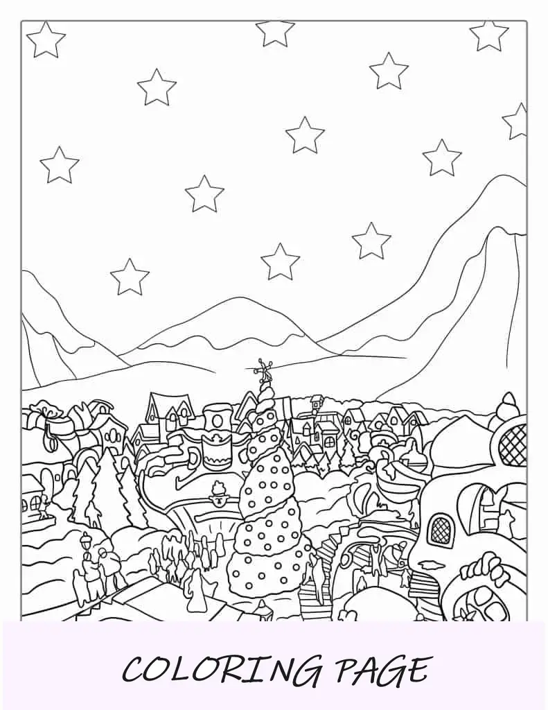 Folha para colorir de Whoville do Grinch