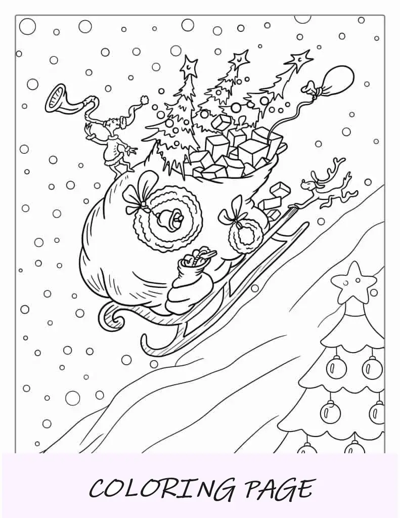 Grinch com trenó cheio de presentes para colorir