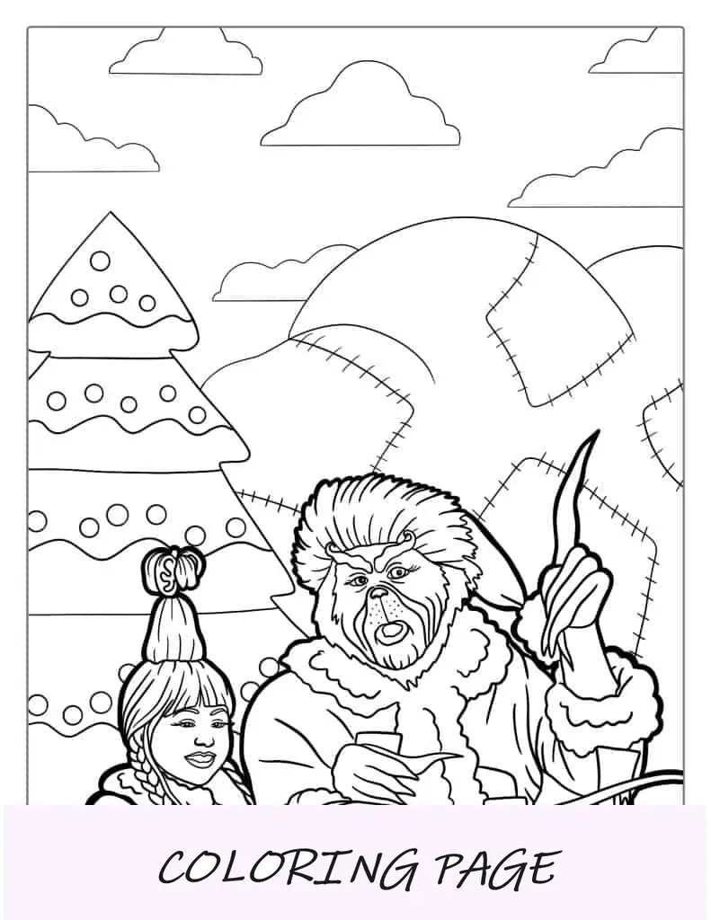 Happy Grinch e Cindy Lou em um trenó para colorir