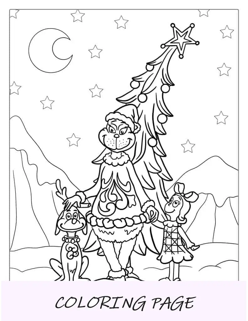 Página para colorir fácil do Grinch, Max e Cindy Lou
