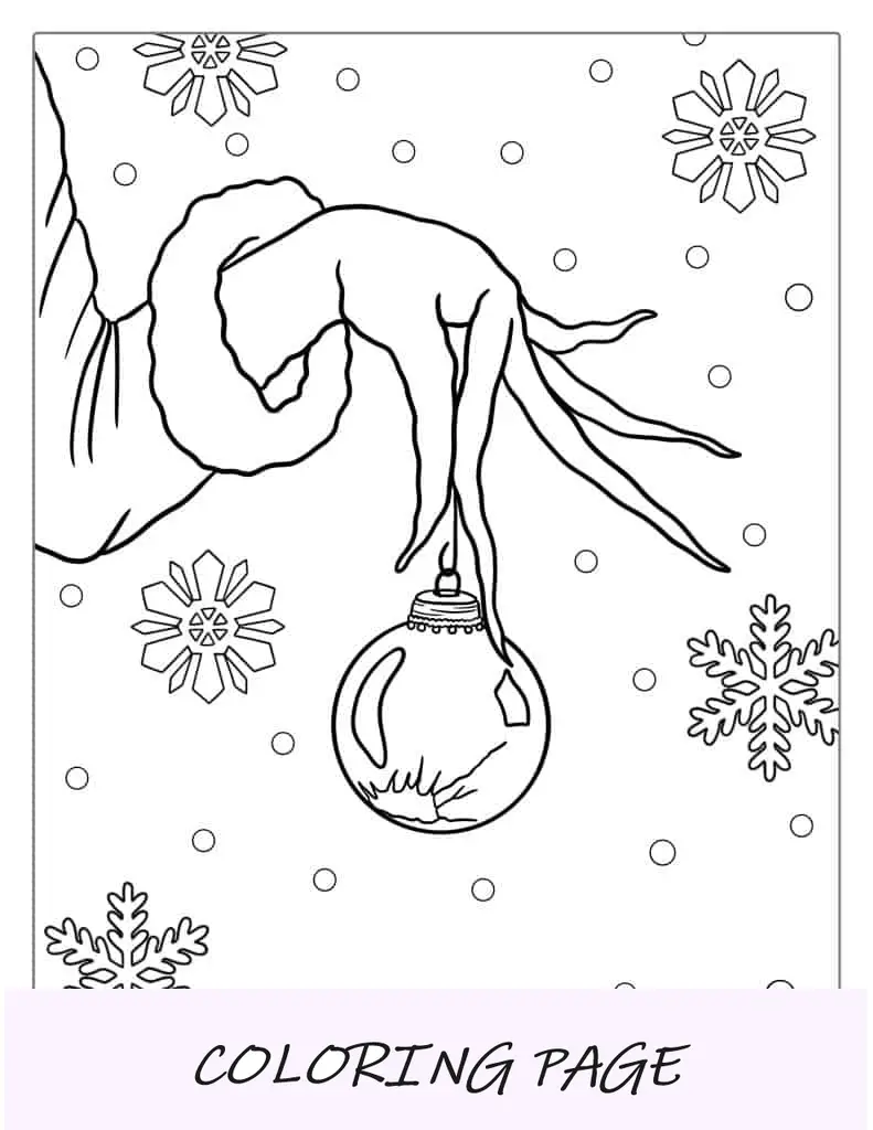 Mão de Grinch segurando um enfeite de Natal para colorir