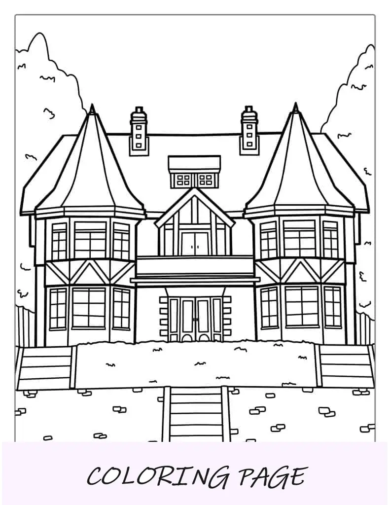 Folha detalhada para colorir de casas antigas