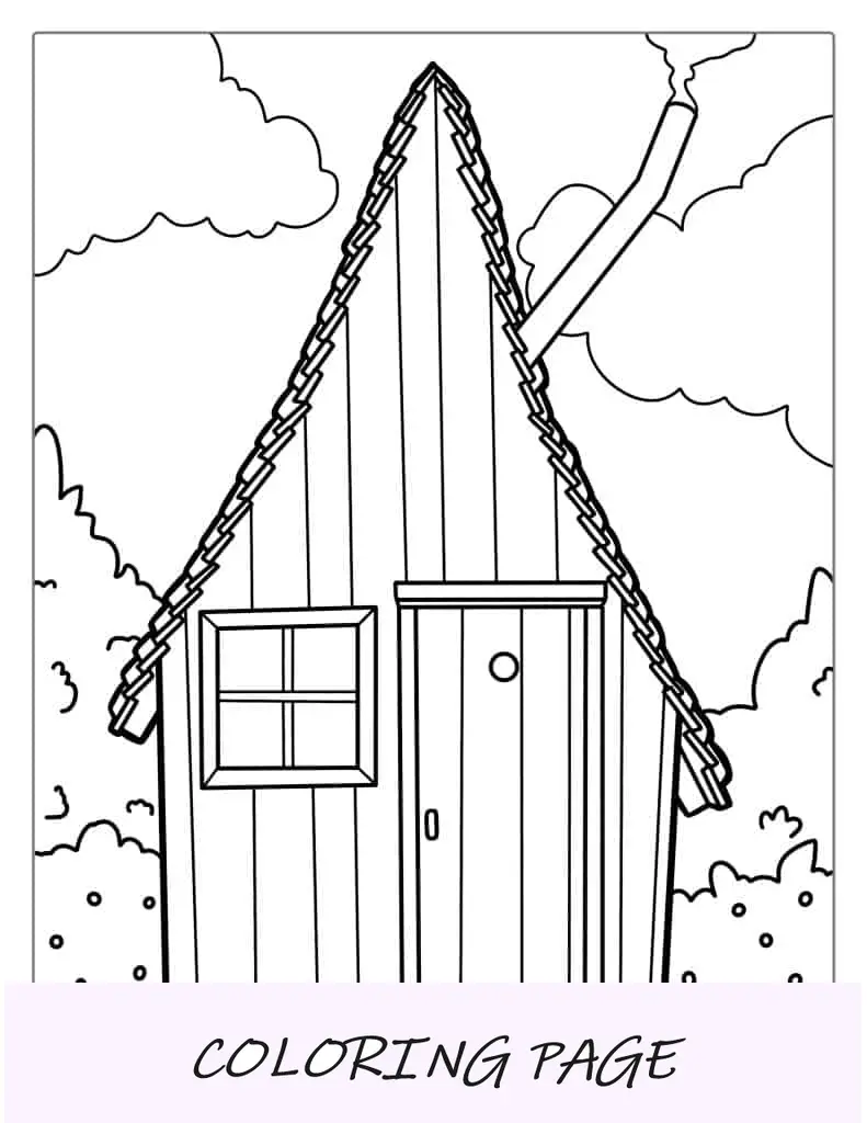 Página para colorir de uma pequena cabana de madeira