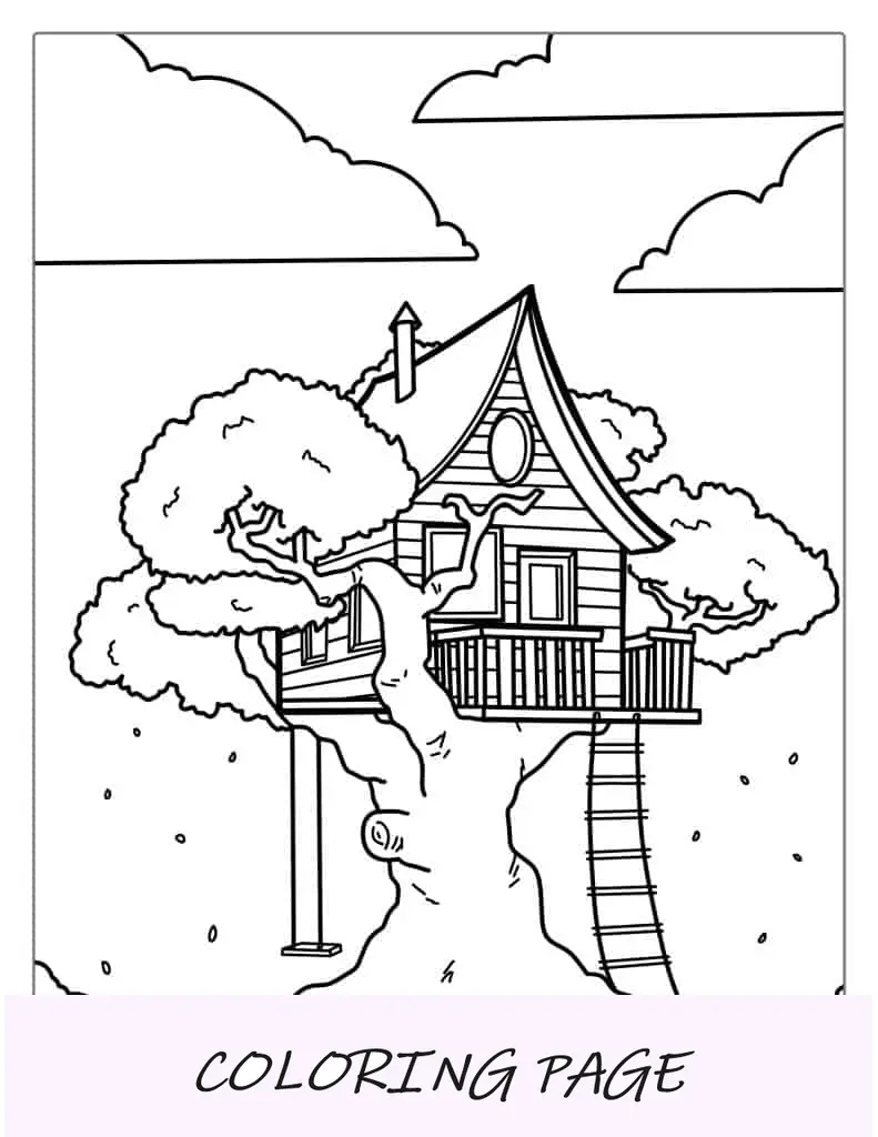 Folha para colorir de casa na árvore para crianças