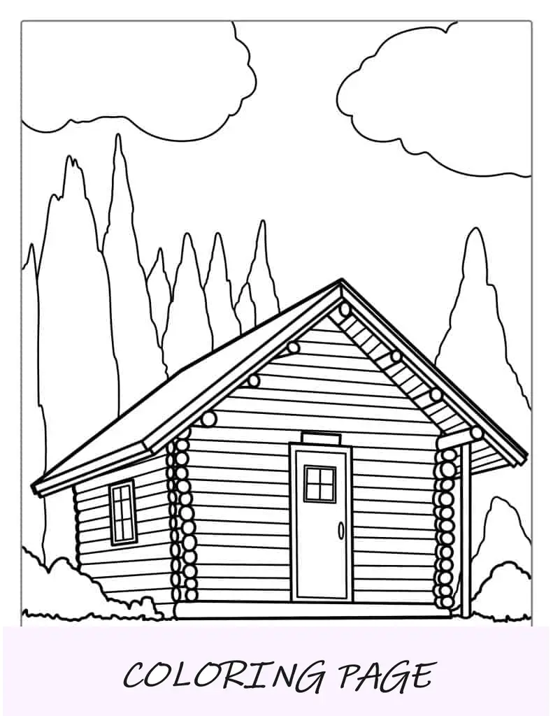 Folha para colorir de casa de cabana de madeira